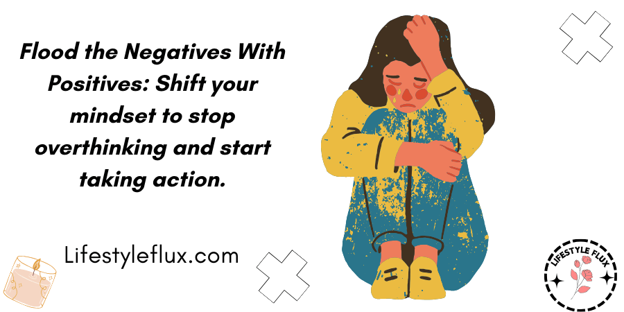 A person surrounded by motivational books, podcasts, and uplifting messages, replacing negative thoughts with positive ones.