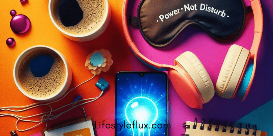 A brightly colored flat lay featuring two cups of coffee, a smartphone displaying a glowing lightbulb, a sleep mask with the words "Power Not Disturb" printed on it, pink and blue headphones, a small notebook, and a few scattered purple decorative items. The background is a vibrant orange and pink gradient.
