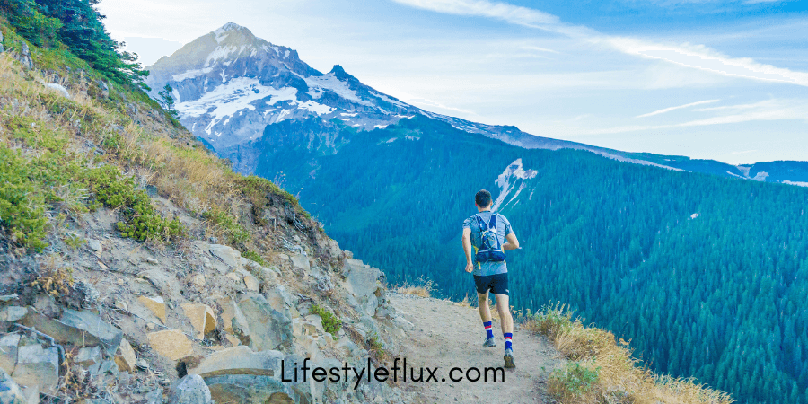 A man walking on a mountain trail.