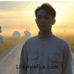 A young man stands on a path stretching into a hazy, surreal landscape at dawn or dusk. The sky is a blend of warm yellows and oranges, suggesting either sunrise or sunset. The path is flanked by tall, dry grass. Scattered across the scene are oversized, antique-looking clocks, some standing upright and others appearing to have fallen or melted. In the distance, indistinct figures or shapes are visible, adding to the dreamlike quality of the image. The lighting is soft and diffused, enhancing the ethereal atmosphere.