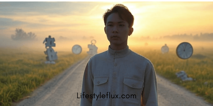 A young man stands on a path stretching into a hazy, surreal landscape at dawn or dusk. The sky is a blend of warm yellows and oranges, suggesting either sunrise or sunset. The path is flanked by tall, dry grass. Scattered across the scene are oversized, antique-looking clocks, some standing upright and others appearing to have fallen or melted. In the distance, indistinct figures or shapes are visible, adding to the dreamlike quality of the image. The lighting is soft and diffused, enhancing the ethereal atmosphere.