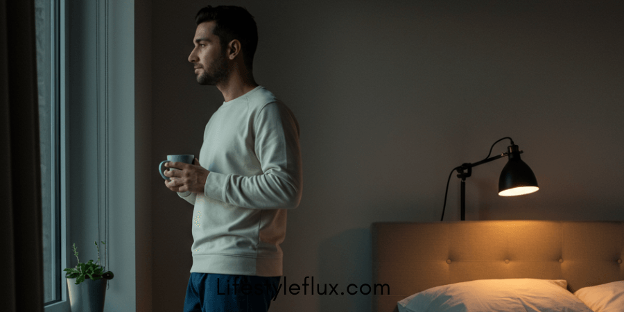 A man holding a mug, standing by a window in a dimly lit bedroom, gazing outside in the early morning light, suggesting a calm and mindful start to the day.