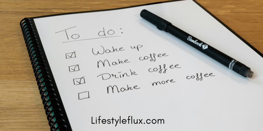 A checklist with tasks like 'Make coffee' and 'Drink coffee,' symbolizing small victories.