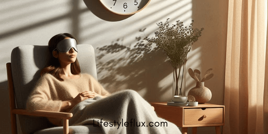 A person wearing a sleep mask and wrapped in a blanket is relaxing in a chair next to a nightstand with a vase of dried flowers, a teacup, and a small round object. A clock hangs on the wall behind them, showing the time. Sunlight streams in through a window, casting shadows on the wall.