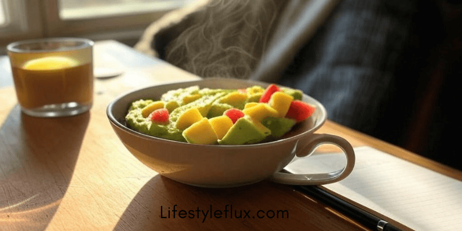 A warm bowl of steamed vegetables and colorful fruit cubes on a wooden table, next to a glass of juice and a notebook, symbolizing a healthy and rewarding morning routine.