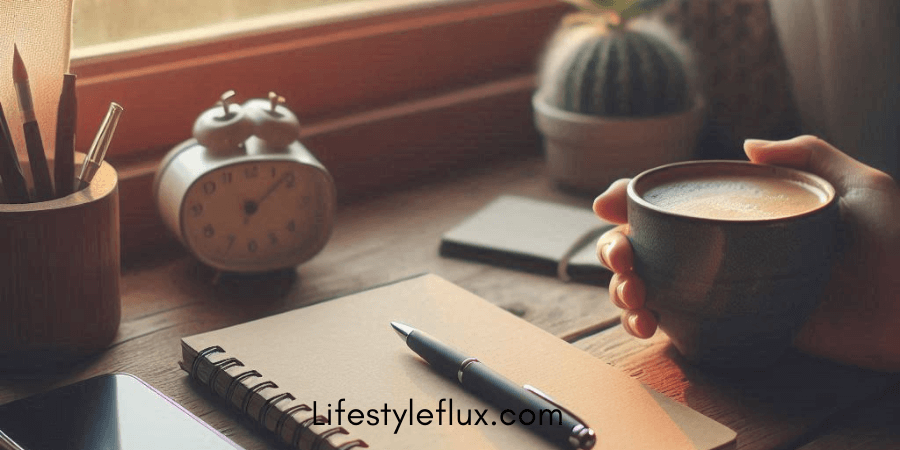A close-up shot of a wooden desk or table near a window. A hand holds a dark-colored mug filled with a light-colored beverage, possibly coffee or tea. On the desk, there is a spiral-bound notebook with a pen resting on it, a small white alarm clock, a wooden cup filled with pencils or brushes, a small potted cactus, and a partially visible smartphone. The lighting suggests it might be daytime.