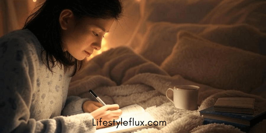 A woman in cozy pajamas writing in a journal while sitting on a fluffy bed with warm lighting and a cup of tea nearby, reflecting a peaceful and intentional nighttime routine.