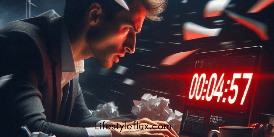 A man in a suit is intensely focused on a laptop screen that displays a red digital timer reading "00:04:57". Crumpled papers surround the laptop, and blurred pieces of paper appear to be flying around, suggesting a sense of urgency or being overwhelmed. The lighting is dramatic, with a red glow emanating from the screen.