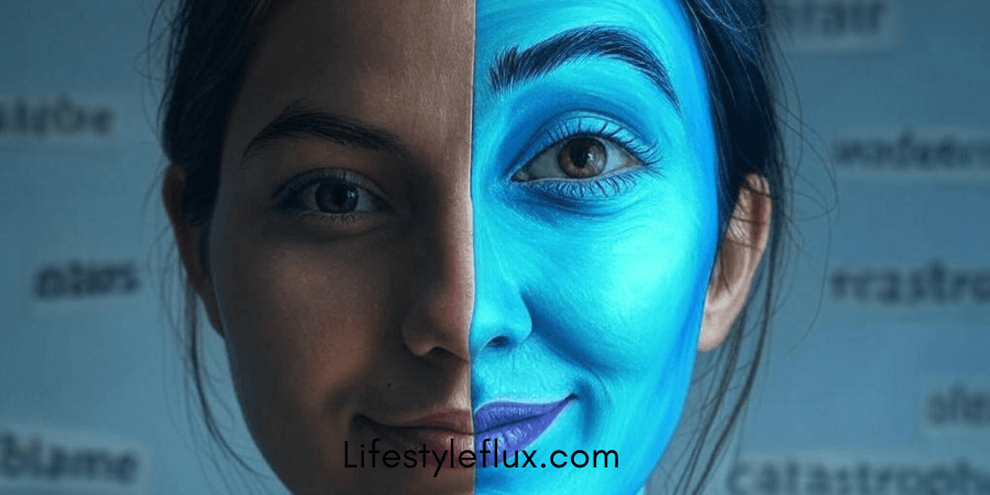 A close-up, digitally altered image shows a person's face divided vertically into two contrasting halves. The left side of the face is rendered in muted, brownish tones, giving it a somewhat desaturated appearance. The person's expression on this side appears neutral or slightly subdued. The right side of the face is illuminated with a vibrant, cool blue light, creating a stark contrast. The lips on this side are colored a deep blue or purple, and the overall impression is one of artificial or surreal lighting. The person has dark hair pulled back and appears to have light brown eyes. The background is out of focus but seems to contain blurred text or words.