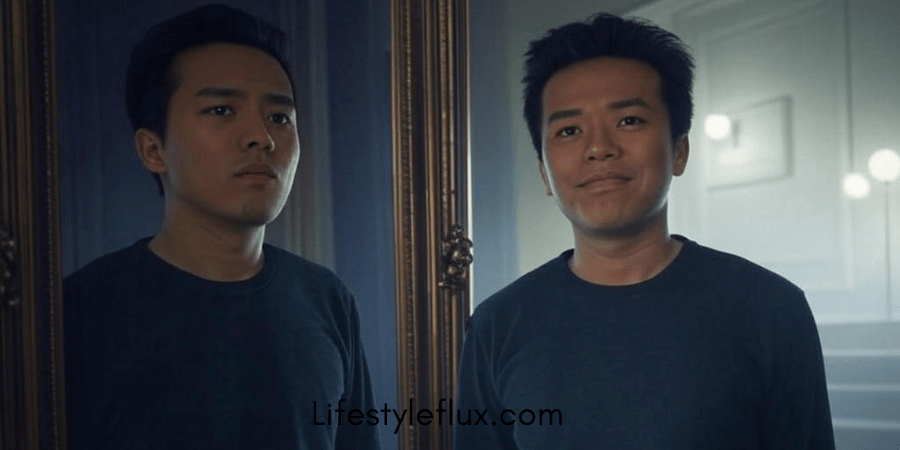 A man, who appears to be of East Asian descent based on his features, is seen in a dimly lit setting, partially reflected in a mirror.