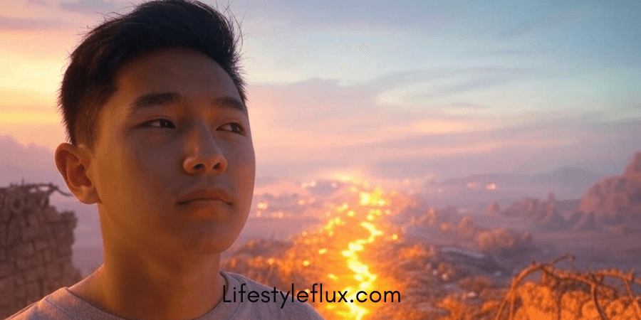 A young man, who appears to be of East Asian descent based on his features, gazes towards a vibrant, otherworldly landscape.
