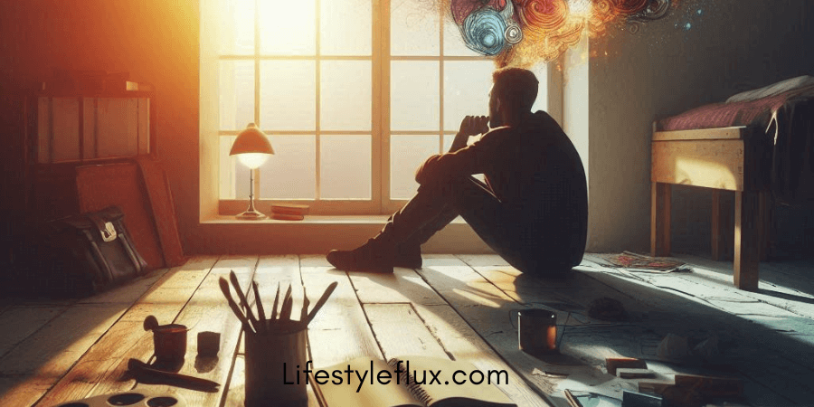 A silhouetted figure of a person is sitting on the floor, leaning against a window with multiple panes, looking out at a bright, possibly sunrise or sunset light. Above their head, abstract swirls of color suggest thoughts or imagination. The room has a wooden floor with shadows cast by the light. In the foreground, there are art supplies scattered on the floor, including brushes in containers, paint palettes, and a sketchbook. A lamp sits on a small table next to the window, and a bed frame is visible in the background. The overall mood is contemplative and artistic.