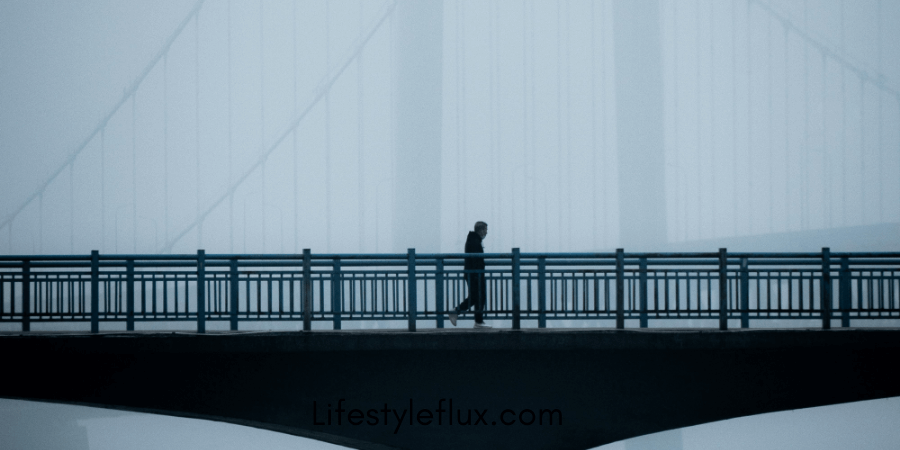 A solitary figure walks across a bridge shrouded in mist, with large suspension cables visible in the background.